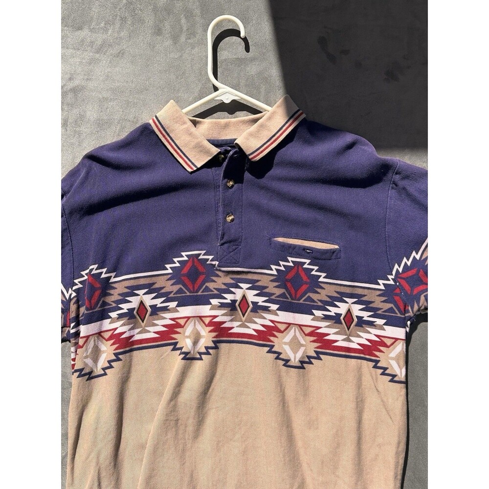Express Rider Vintage Golf Polo Shirt M Navajo SW Native Pattern Navy Blue Men